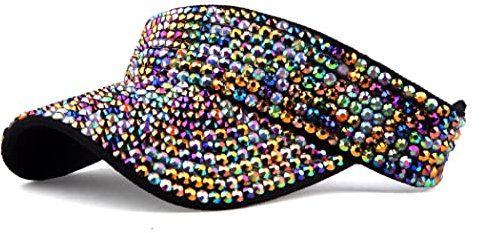 Gudessly Shiny Rhinestones Plain Sport Sun Visor Adjustable Summer Cap Visor Caps for Women Men Golf Tennis Cycling Running Jogging, Black Colourful