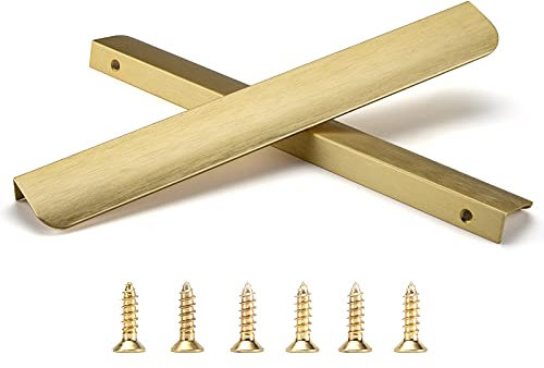 Satanga Edge Finger Pull for cabinets Kitchen Concealed Drawer pulls Aluminum Hidden Door Long Handle for Home 5 Pack Modern Brushed Brass 11.81 Overall Length Easy Installation