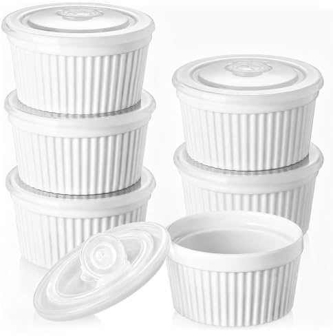 DOWAN Pirottini per Soufflé Set con Coperchi, 6 X 120 ml Stampi a Prova di Forno per Crème Brulée, Muffin, Dolci e Pasticceria, Mini Ciotola Porcellana per Forno, Salsa, Snack, Ø 9,0 cm-Bianco
