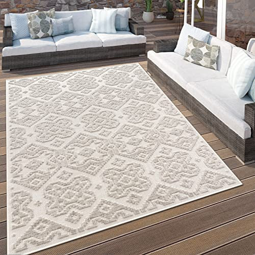 Paco Home Outdoor Teppich Wetterfest Wohnzimmer Boho Balkon Küche Skandinavisch 3D Effekt Geometrisches Muster Creme, Grösse:160x230 cm