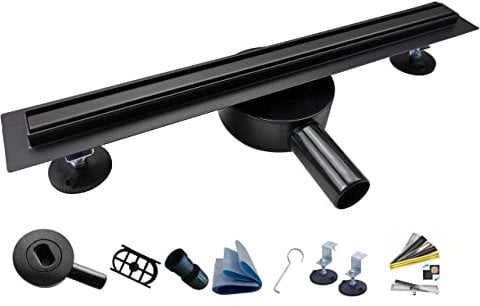 AQUA HEATING Schmaler linearer Edelstahl-Bodenablauf 20mm breit, Duschablauf 360° drehbarer Siphon Komplettset Badezimmer bodengleiche Dusche, Duschrinne Ablaufgarnitur-Set Rost 80cm schwarz matt
