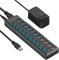 USB 3.0 Hub, VANOTOM 11 Port USB Hub Splitter (7 USB 3.0 Ports + 4 Smart Charging Ports) with 12V/3A Power Adapter and Individual LED Switches for Laptop and PC
