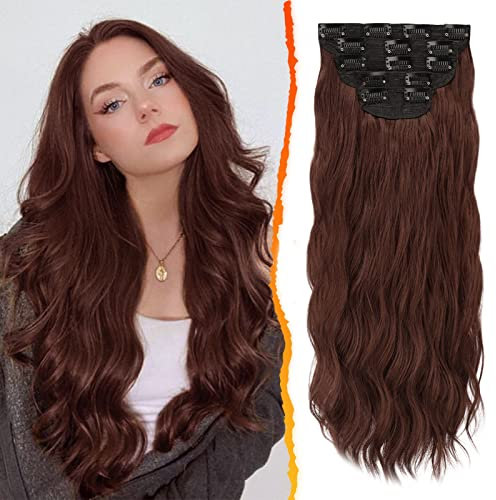 BARSDAR Clip in Extensions,5 PCS Lange Wellige Clip in Haarverlängerungen Dickes Natürliches Weiches Synthetisches Haarteil Für Frauen Mädchen -50 cm, Kupferne Kastanie