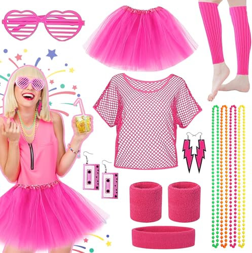 Grantop 80er Jahre Outfit Damen Set, 80er Jahre Outfit Damen Tutu, Beinwärmer, Armbänder, Halskette, Ohrring, Brille, 80er jahre Kostüm Zubehör Accessoires Set für Frauen Mädchen (Rosa, Erwachsene)
