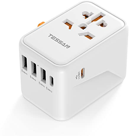 TESSAN Adaptateur Prise Universelle, Charge Rapide 45W, Adaptateur Universel de Voyage avec 3 USB A et 2 USB C, Prise Internationale vers Anglaise USA Japon Australie Thailande