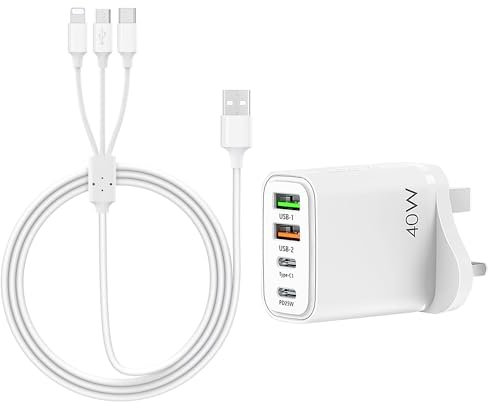 40W Multi Port USB C Plug Wall Charger Adapter Dual 2.4A USB/15W Type-C/PD25W,3A Multi Charging Cable Fast Charging Cord Type-c/Micro USB Port,for Tablet,Android,Mobile Phone Charger
