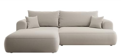 Selsey OVO - Ecksofa mit Schlaffunktion, Bettkasten, Ottomane Links, Easy-Clean-Veloursbezug in Cremeweiß