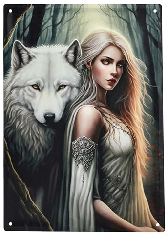 Blechschild Wolf Hexe Magierin Prinzessin Kriegerin 40 cm - Fantasy Wand Deko Schild Metallschild Gothic Blech Metall geprägt Relief