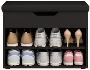 T AUNTY STORE Modern Black Shoe Storage Bench with Cushion, 2-Tier Shoe Rack, Hidden Storage, 60cm(L) x 29.5cm(W) x 46.5cm(H), Maximum Load: 250 lb