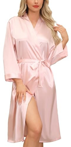 Sopesil Peignoir Satin Femme Robes Longues pour Femmes Robes de Mariée Vêtements de Nuit Doux pour le Mariage,Col en V,L,Rose
