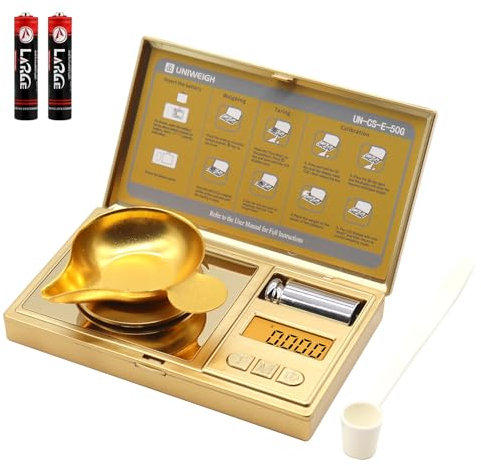 UNIWEIGH Digitale Milligramm-Waage 50g/001g,Hochpräzise Taschen-Mg-Waage,Schmuckwaage mit Tara,6 Einheiten-Pulverwaage,Mikro-Gramm-Waage für Pulvermedizin,Edelstein,Wiederladewaage Gold