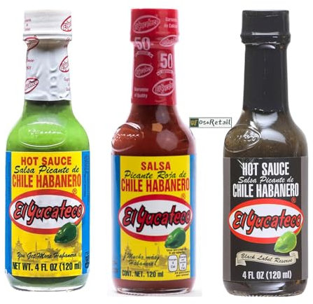 OsoRetail pack B x3 de salsas picanetes de EL Yucateco de México | Salsa Negra, Salsa Roja y Salsa Verde | 3x120ml | Reserva