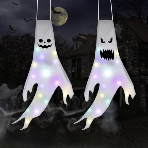 SVIPDDD Decoracion Halloween Exterior,Fantasma de Manga de Viento de Halloween de 120 cm,2 Piezas de Fantasmas Luminosos Impermeables, Decorazioni Halloween para jardín, Ventana, Bar