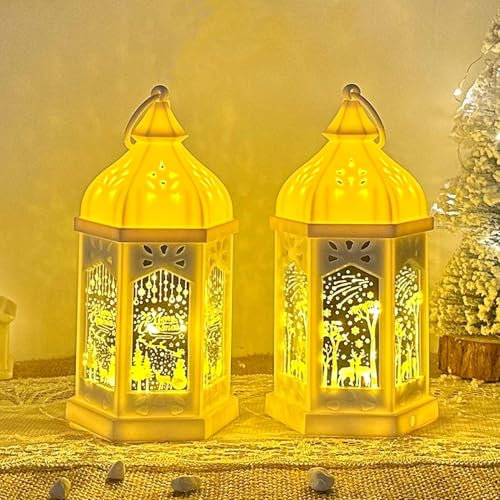 2 Stück Weihnachtsdeko Laterne Weihnachtslaterne, Weihnachten Lichterketten Warmweißes LED Weihnachtsbeleuchtung, Weihnachten Deko Beleuchtete Windlicht Batteriebetrieben Weihnachtsdekoration (Weiß)