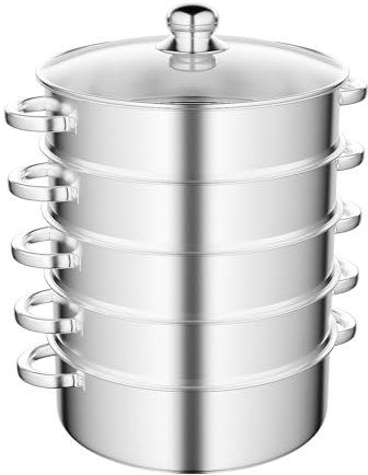 Olla de vapor de acero inoxidable, 5 capas con cubierta de cristal, olla de vapor grande para el hogar, vaporera comercial, olla de sopa, para utensilios de cocina domésticos (plata, 28 cm)