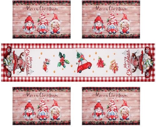 Simpeak Weihnachten Tischläufer mit 4 Tischsets, Weihnachten Zwerg Polyester Tischdekoration für Weihnachten Party Küche Esszimmer Ferienhaus Tisch Decor, 30 x 180 cm/12 x 71