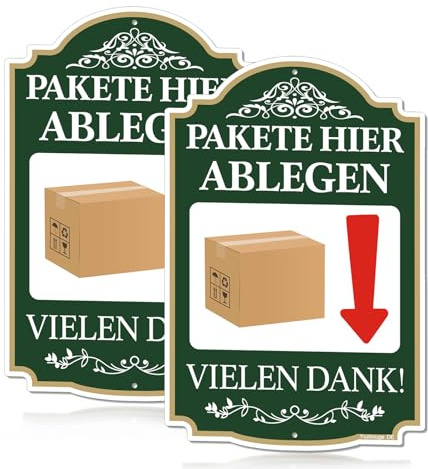 Pakete Bitte Hier Ablegen Vielen Dank Schild - 2 Stück, 20x30 cm | rostfreies Aluminium - Pakete hier ablegen - Schild, wasserdicht, lichtechts, einfach zu montieren.