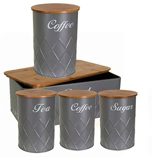 Grey Kitchen Canister Set with Bread Bin – Airtight Storage Tins for Tea Coffee Sugar and Biscuits, Round Jars with Bamboo Lids, Durable Elegant Storage Containers for Stylish Kitchen Organization
