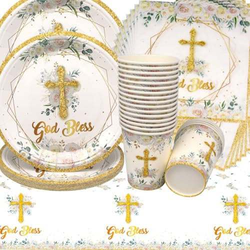 Stoviglie per Feste Comunione,Doyomtoy God Bless Decorazioni Battesimo Tema Piatti di Compleanno, Tazze, Tovaglioli per Baby Shower Decorare Feste di Battesimo con Croce 20 Ospiti