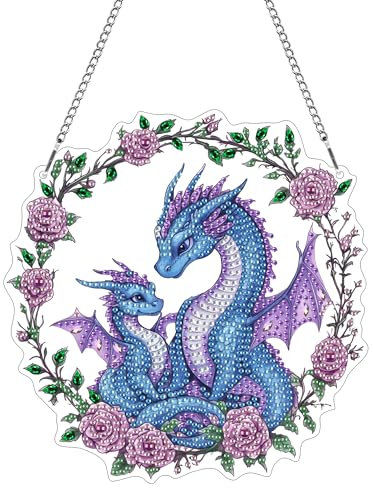 Hoobee Drachen Diamond Painting Anhänger, Tier Diamond Painting Fensterbilder, 5D Diamant Painting mit Kette, Wandbehang Kits-Für Zuhause Wanddekoration Und Eingang Dekoration 20x20cm(Drachen)