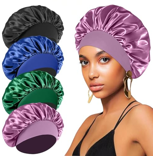 4PCS Silk Bonnet for Sleeping,Hair Wrap Satin Bonnets Shower Cap for Black Women Men, Elastic Wide Band Hair Bonnet Cap for Sleeping Curly Hair (Black & Blue & Purple & Green)