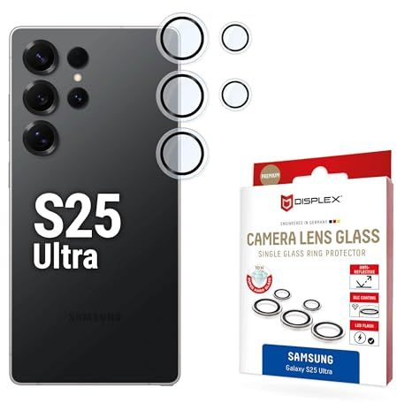 Premium Kamera Schutzringe für Galaxy S25 Ultra (10H), Echtglas, DLC | DISPLEX Premium Camera Lens Glass, Echtglas, 10H Härte, transparente Ringe, Ultra-Clear, Quick Mount, Anti-Fingerprint