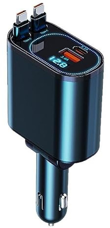 Retractable Car Charger 123W Car Phone Charger Car Power Adapter with Dual USB C Cables USB A PD QC 4 in 1 Fast Charging Cigarette Lighter for iPhone 16/15 Samsung Galaxy S25/S24 Ultra MacBook, Laptop
