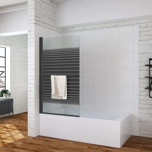 Duschwand für Badewanne ohne bohren zum kleben 80x140 cm einteilig schwarz Badewannenaufsatz Dusche Glas mit Handtuchhalter Klebemontage schwenkbar 5 mm Sicherheitsglas klar ESG NANO Beschichtung