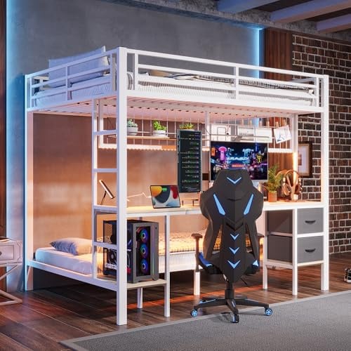 Huayz Hochbett mit Schreibtisch 90x200 & 140x200 cm Etagenbett mit LED-Beleuchtung, USB-Anschlüssen, 2 Schubladen, Ablageflächen & Aufhängeregale Metallbettgestell,ohne Matratze (Weiß)