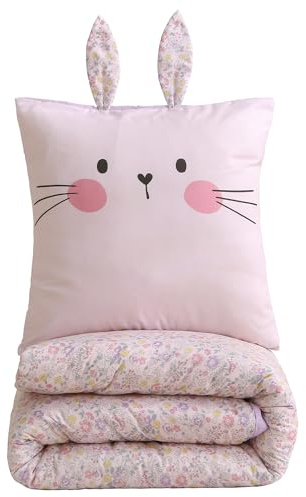 FEKOHIPY Bettwäsche 135x200 Mädchen Häschen Blumen Lila Kinderbettwäsche | Rosa Mikrofaser 2-teiliges Bettwäsche-Set für Kinderzimmer, Kinderbettbezug mit Reißverschluss, inkl. 1 Kissenbezug 80x80 cm