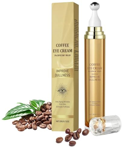Koffein Augenserum mit 360° Massageball, Niacinamide Augencreme Anti Aging, Hyaluronsäure Augencreme Gegen Falten und Augenringe, Feuchtigkeitsspendende Augenpflege, Eye Cream mit Augenroller 1 Stück