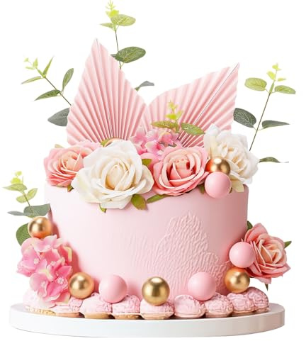 Pink Cake Decorations, Artificial Rose Cake Decorations, Gold Pink Balls Cake Toppers Paper Palm Fan Cake Toppers for Birthday Party Wedding Bridal Engagement Baby Shower