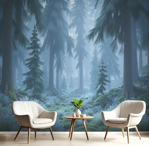 JEDTAKCT Papier Peint Forêt Brumeuse, Papier Peint Panoramique Motif Paysage Végétal, Fresque Murale 400X280Cm, Décoration Image Murale Vert Foncé Pour Salon Chambre Bureau Tv Artistique