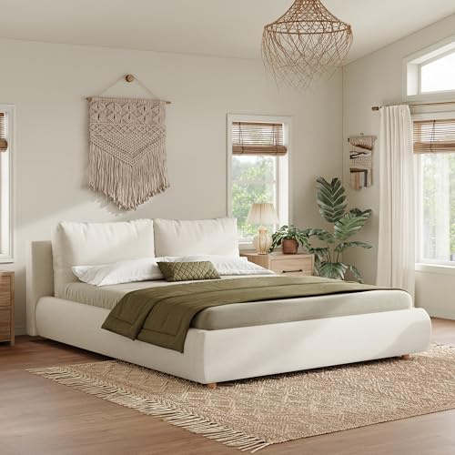 Merax 4ft6 Double Ottoman Storage Bed Frame, Double Upholstered Bed Cloud Bed with 2 Removable Cushions Headboard, Boucle Fabric, Warm White/135x190cm