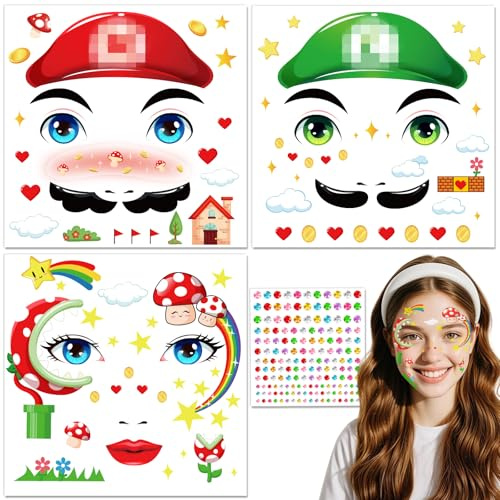 DPKOW Karneval Gesichtstattoos Mario Kostüm Accessoires, Mario Hut Pilz Stern Temporäre Tattoos Glitzersteine Gesicht Schminke Zubehör Cosplay Bros Faschingskostüme Accessoires Karneval