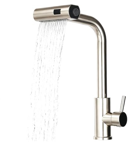 Waterfall Wasserhahn Küche Ausziehbar, Hochdruck Küchenarmatur 360° Drehbar, Wasserfall Küchenarmatur mit Herausziehbarer Brause, Edelstahl Spültischarmaturen mit 3 Funktionen (Edelstahl)
