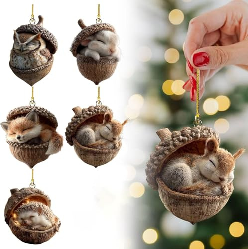 5PCS 2D Acrylic Forest Animal Acorn Ornaments Cozy Forest Christmas Ornaments FAMINESS Lovely Sleeping Animal Acrylic Christmas Hanging Trees Hanging Decorations Home Decor Rustic Nature Themed