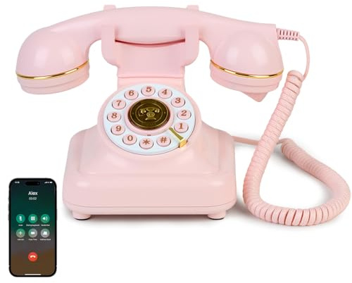 Teléfono Bluetooth vintage, teléfono de escritorio retro con detalles dorados, tonos de llamada nostálgicos fuertes, Bluetooth se conecta al smartphone para el hogar y la oficina, color rosa