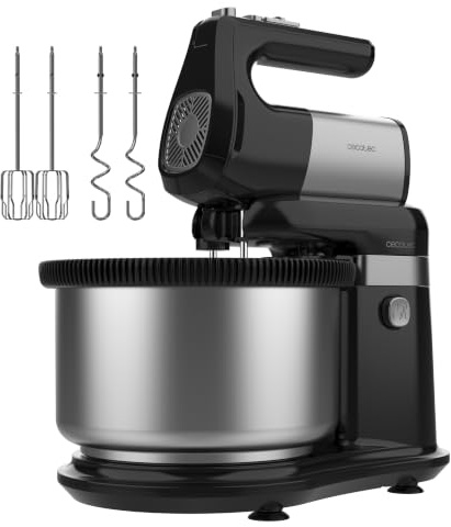 Cecotec Batidora de Varillas PowerTwist 500 Steel Double Spin | 500W, Bol Acero Inoxidable Giratorio 4L, 5 Velocidades y Turbo, Varillas y Ganchos Acero, Masas Profesionales