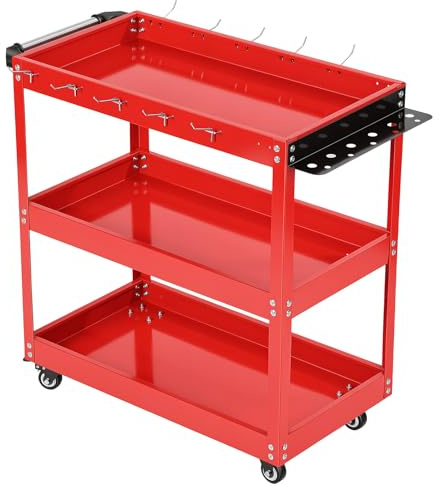 3 Tier Rolling Tool Cart, Metal Utility Trolley with Side Hooks, Deep Shelf Storage Cart on Rubber Castors, Garage Workshop Office Organiser, 150 kg Load, 71 x 35 x 72 cm (Red)
