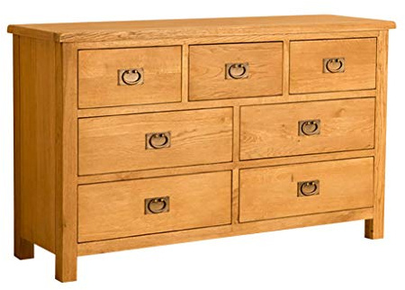 Lanner Oak 3 over 4 Chest of Drawers Large & Wide | Roseland Furniture Traditional Rustic Waxed Solid Wood 7 Draw Storage Chest for Bedroom | Fully Assembled, 78 x 130 x 40 cm