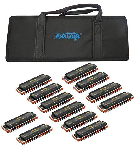 East Top Mundharmonikaset mit 12 Tasten,10 Hole T008K Professional Diatonic Blues Harmonica Mundharmonikaset mit allen 12 Keys Musikinstrumenten