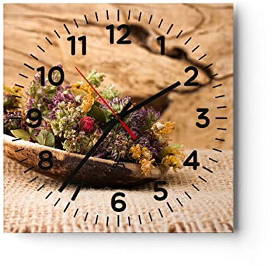 Modern Wanduhr Kraut Tee Bio getrocknete Kräuter 30x30cm Quadrat Klein Wand Uhr Glas Analog Zimmeruhren Küche Büro Wohnzimmer Glasuhr Wall Clock Dekoration Design Küchenuhr C4AC30x30-2471