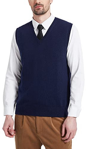 Kallspin Gilet da Uomo in Misto Lana con Scollo a V e Senza Manica Pullover(Blu Navy, XL)