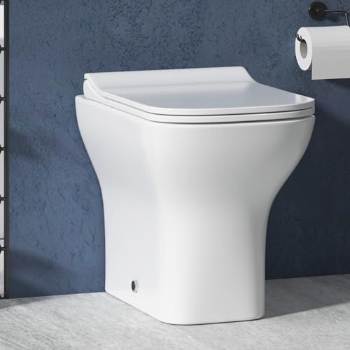 Back to Wall Rimless Toilet Pan Short Projection Gloss White Ceramic Square Shape with Slim Soft Close Seat – Compact Bathroom Fit (Qubix)