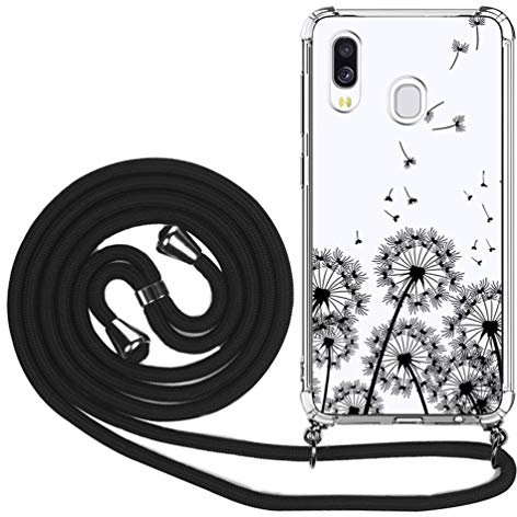 Hülle Handykette für Samsung Galaxy A40, Acryl Gemalt Handyhülle mit Kordel zum Umhängen mit Karabinerhaken, Retractable Lanyard mit Silikon TPU Schutzhülle Handy Band Halsband,Schwarzer Löwenzahn