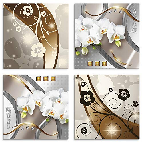 ARTland Wanddeko Leinwand Bilder auf Holz Wandbild Bild Set 4 teilig je 20x20 cm Quadratisch Abstrakte Kunst Blumen Orchideen Abstrakt Silber Braun U1OJ