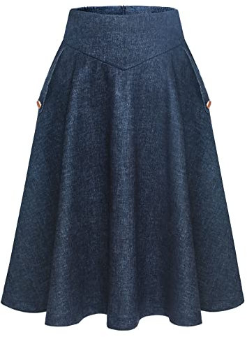 Rock Damen Lang Vintage Elegant Plaid Winterrock Warm Elastische Taille A Linie Röcke Casual Rock Hohe Taille Midi Rock Navy XL
