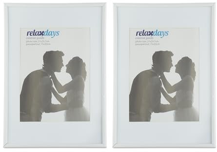 Relaxdays Bilderrahmen 2er Set, Din A4, Passepartout 15x20 cm, Glasscheibe, Fotorahmen zum Stellen oder Hinhängen, weiß