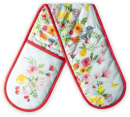 Maison d' Hermine Double Oven Mitts 100% Cotton 18 cm x 89 cm Double Oven Mitt Heat Resistant BBQ Cooking Gloves with Loop, Baking, Grilling, Home, Kitchen, Handling Hot Pans (Jardin D'Ete - Mint)